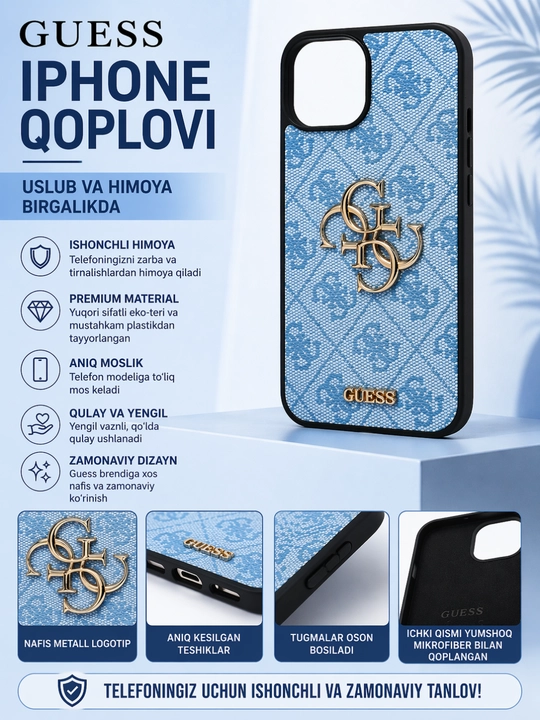 IPhone X-14 Pro va Pro Max uchun Guess logotipi va naqshli g‘ilof — uslub va himoya - 