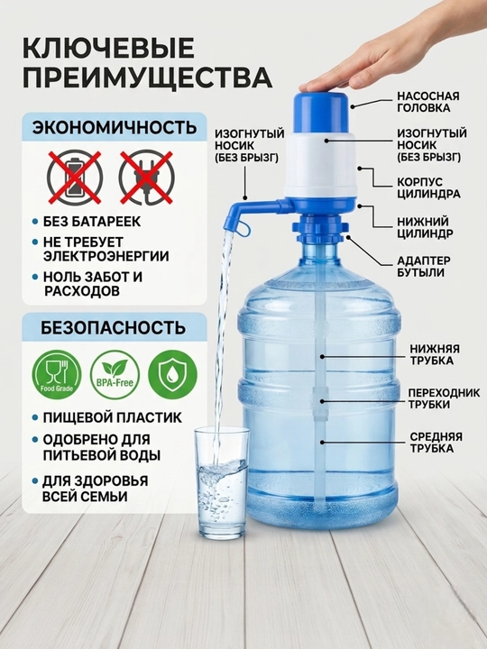Suv uchun universal qo'l pompasi 2.5 - 10 l, baklajkalar uchun mexanik dispenser-nasos