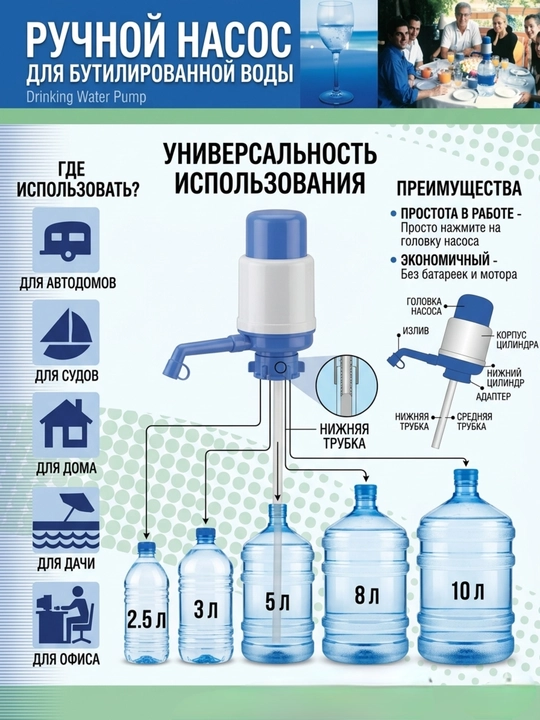 Suv uchun universal qo'l pompasi 2.5 - 10 l, baklajkalar uchun mexanik dispenser-nasos