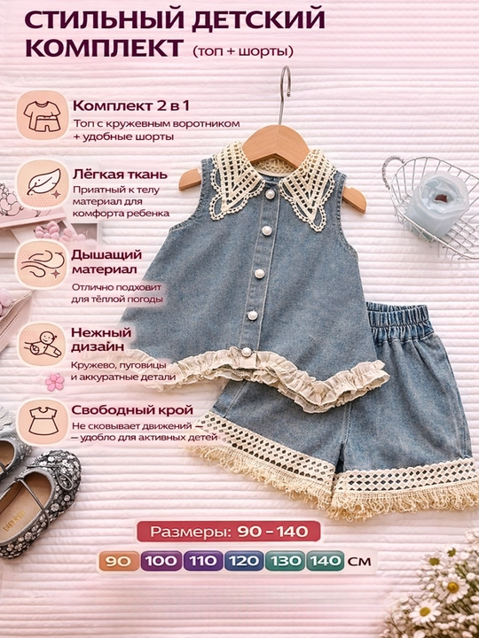 Джинсовый комплект для девочек (топ + шорты)