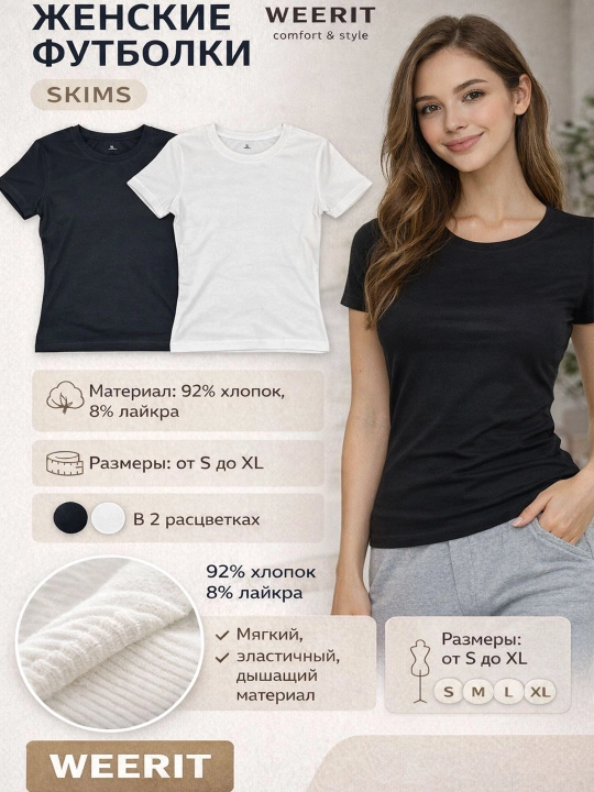 Женская футболка WEERIT хлопок 92% базовая облегающая  SKIMS стиль  черная, белая - 