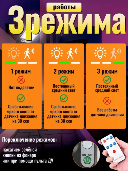 Quyosh batareyali ko‘cha chiroq, hovli va bog‘ uchun, harakat sensori, pultli, 3 rejim