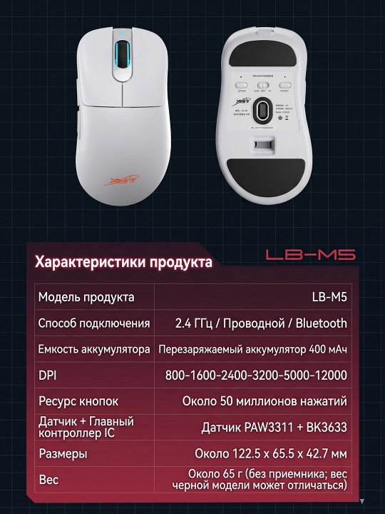 O‘yin uchun simsiz sichqoncha LB-M5 12000 DPI PAW3311 1000Hz