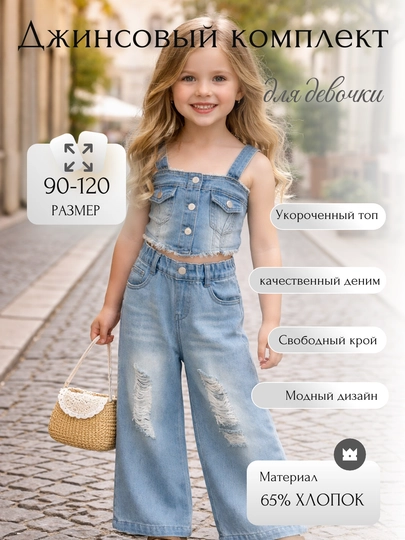 Джинсовый комплект для девочки (топ + широкие брюки), стильный летний костюм