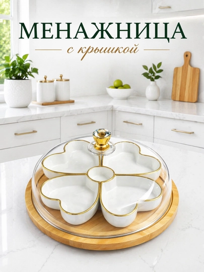 Менажница с крышкой, 5 секций, на вращающейся подставке, для кухни