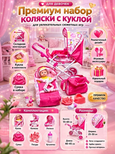 Кукла с коляской набор для девочек с аксессуарами Baby игрушка подарок 3+ — S3322-KUKLAKOLYASKA-КОНФЕТН