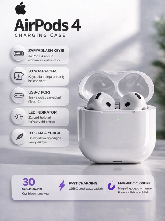 Simsiz quloqchinlar Air Pods 4 shovqinni kamaytirish funksiyasi bilan, yuqori sifatli ovoz