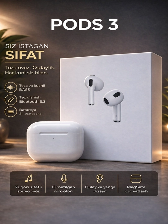 Pods 3, Pods Pro simsiz quloqchin, Android va iPhone uchun Bluetooth sensorli quloqchinlar - 
