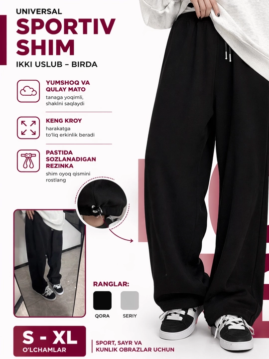 Ayollar shimlari, sport joggerlar, keng palazzo shimlar, sport shimlari, to‘g‘ri shimlar - 