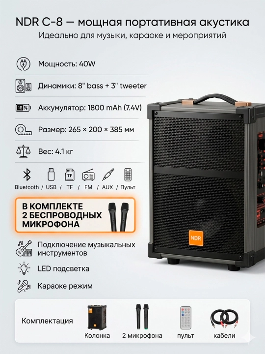 Колонка Bluetooth 50W/40W караоке с 2 беспроводными микрофонами, пультом и LED подсветкой