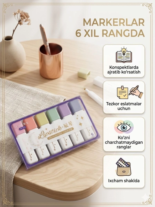 Markerlar, yoqimli rangda, haylayterlar, flomaster, to`plamda 6 xil rang, pinterest