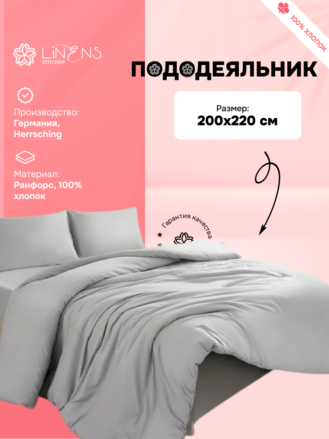 Linens pododeyalnik 200×220 sm, ranfors 100% paxta, kulrang - 