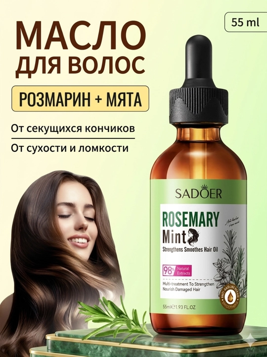 Rozmarin moyi "SADOER"+ mentol, soch to'kilishiga qarshi, kiprik va soqol uchun, 55 ml