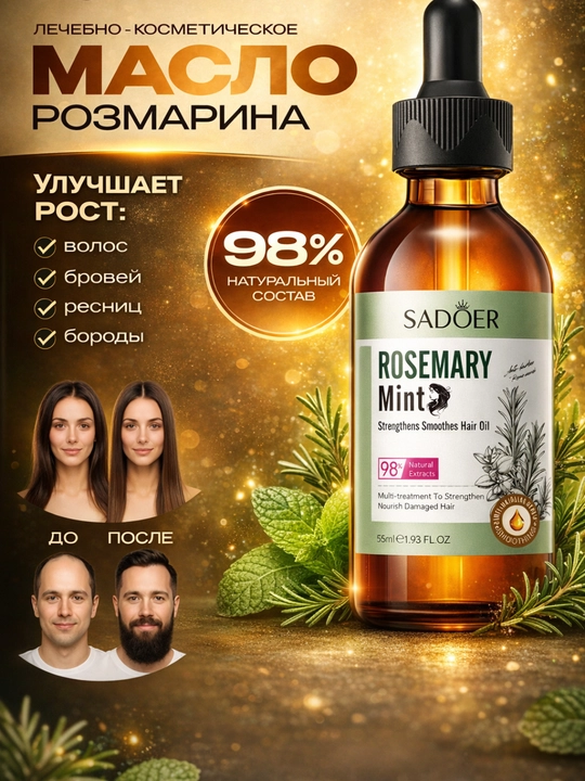 Rozmarin moyi "SADOER"+ mentol, soch to'kilishiga qarshi, kiprik va soqol uchun, 55 ml