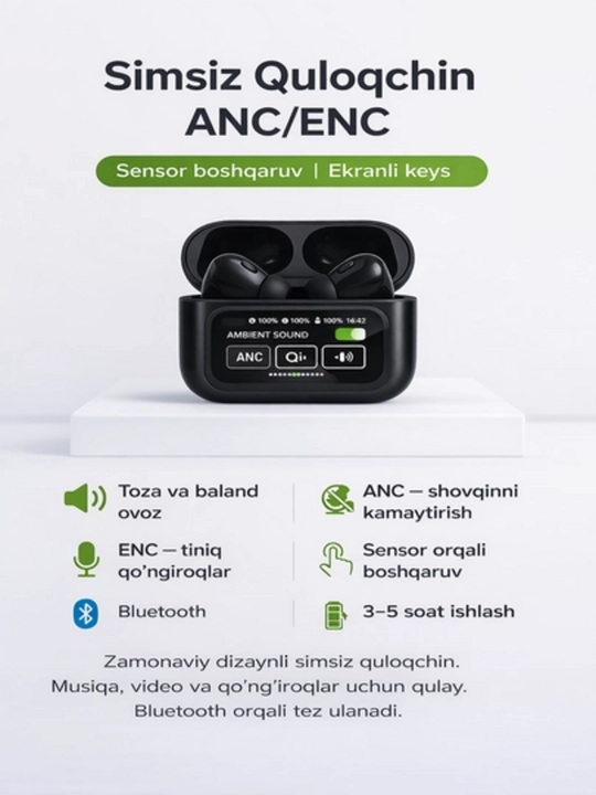 Simsiz quloqchin ANC/ENC, ekranli keys, Bluetooth TWS earbuds - 