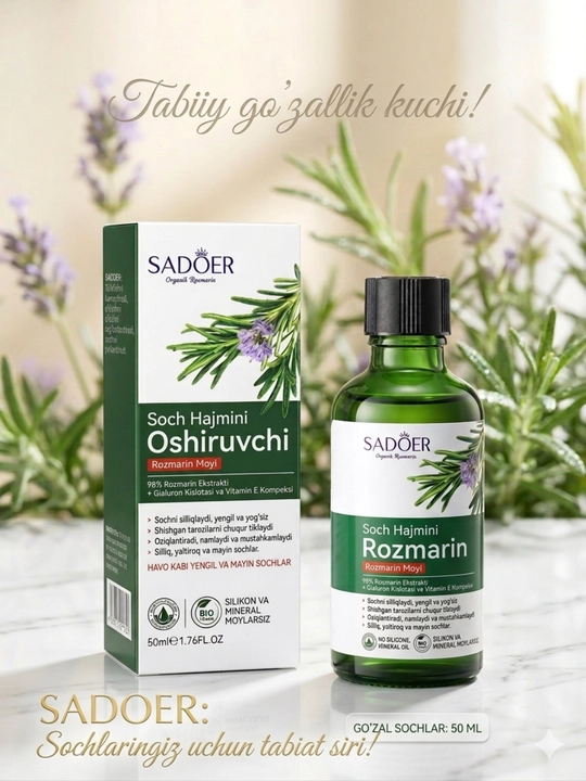 Rozmarin moyi "SADOER"+ mentol, soch to'kilishiga qarshi, kiprik va soqol uchun, 55 ml