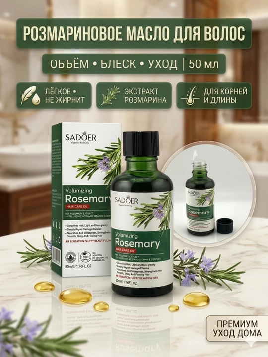 Rozmarin moyi "SADOER"+ mentol, soch to'kilishiga qarshi, kiprik va soqol uchun, 55 ml