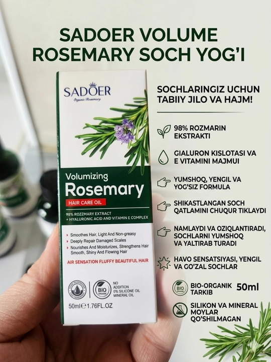 Rozmarin moyi "SADOER"+ mentol, soch to'kilishiga qarshi, kiprik va soqol uchun, 55 ml