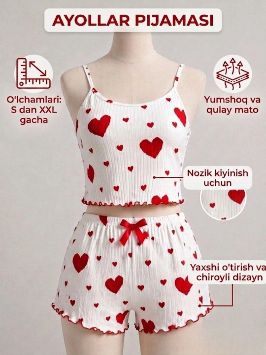 Ayollar pijamasi shortikli, uy uchun kiyim komplekti 