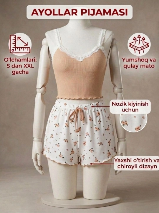 Ayollar pijamasi shortikli, uy uchun kiyim komplekti 