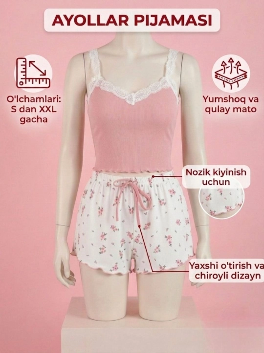 Ayollar pijamasi shortikli, uy uchun kiyim komplekti 