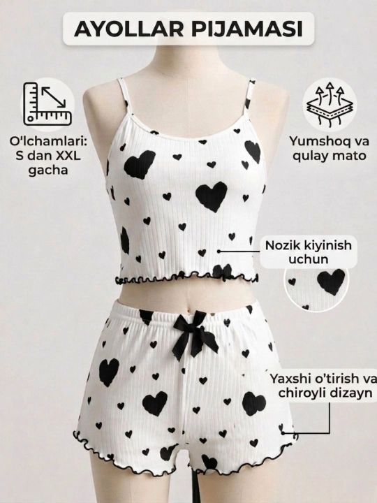 Ayollar pijamasi shortikli, uy uchun kiyim komplekti 