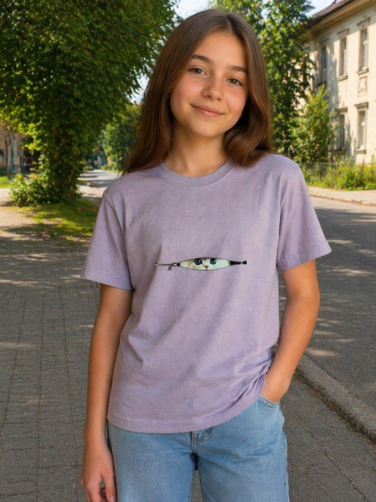 Футболка для девочки, х/б, с принтом котика (наклейка), лиловая - 