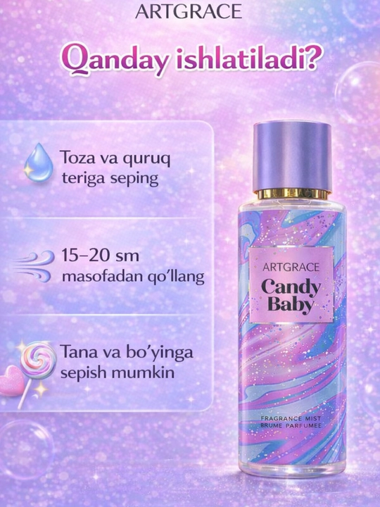 ARTGRACE Body Mist - ayollar uchun tanaga mo‘ljallangan xushbo‘y sprey (shimmer / fragrance), 250 ml - 