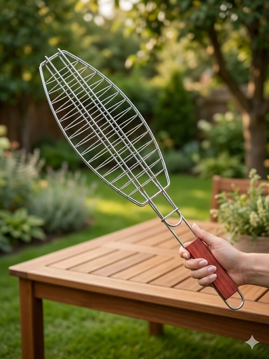Grill va barbekyu uchun po'lat panjara, yog'och dastali