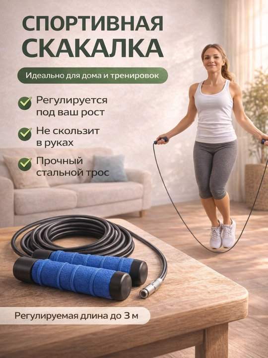 Спортивная скакалка регулируемая, стальной трос, фитнес и кардио - 