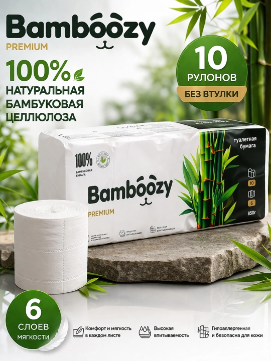 Туалетная бумага Bamboozy, в упаковке 10 шт, 6 слоёв, изготовлена из бамбуковых волокон - 