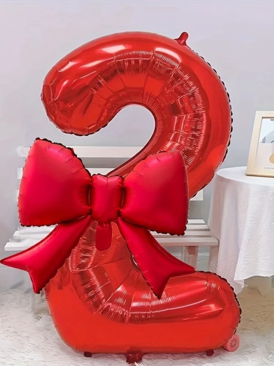 Красный шар с бантиком и цифрой, фольгированный 32 дюйма (82 см) большой на день рождения