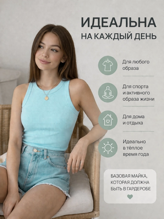 Топ в рубчик хлопковый , базовый женский топ , размеры S M L - 