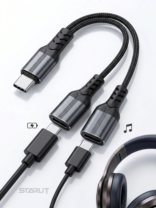 Адаптер-разветвитель Type-C, 2 в 1—зарядка и наушники,USB-C splitter, аудио+зарядка, 12 Вт