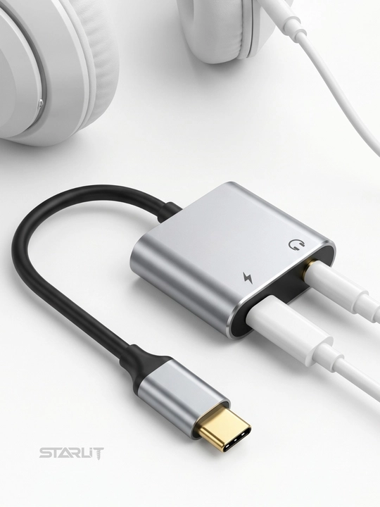 Адаптер-разветвитель Type-C, 2 в 1—зарядка и наушники,USB-C splitter, аудио+зарядка, 12 Вт