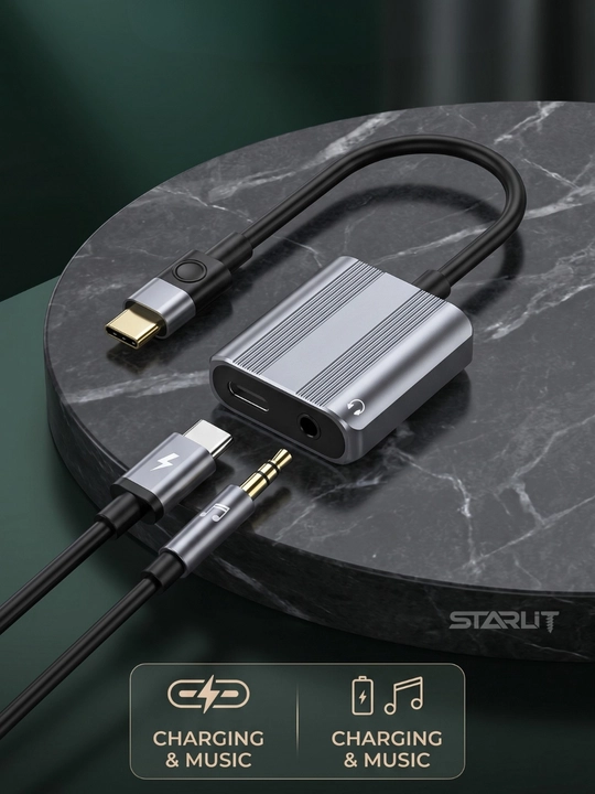 Адаптер-разветвитель Type-C, 2 в 1—зарядка и наушники,USB-C splitter, аудио+зарядка, 12 Вт