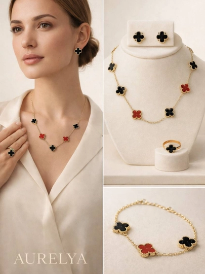 VAN CLEEF Набор бижутерий, кольцо, серьги, цепочка, браслет — 1AURELI-NABORVANCLEEF-АЛЫЙ