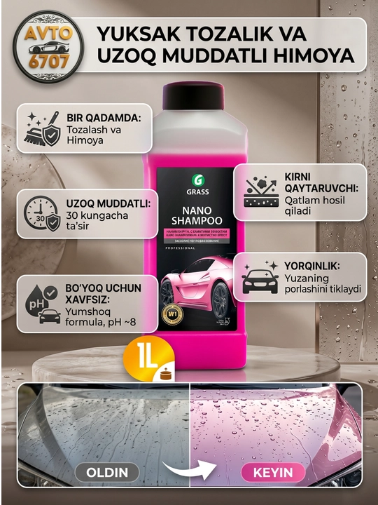 Avtomobil uchun nano shampun Grass Nano Shampoo, yuvish va himoya 1 litr