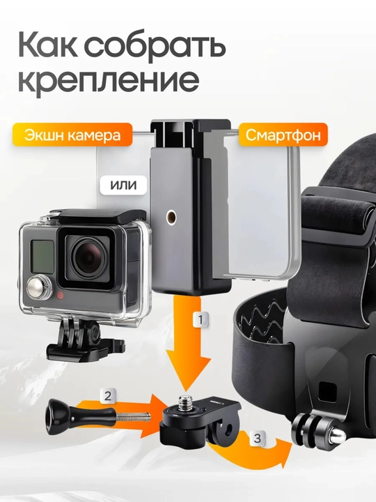 Ekshn kamera va smartfon uchun boshga taqiladigan mahkamlash moslamasi