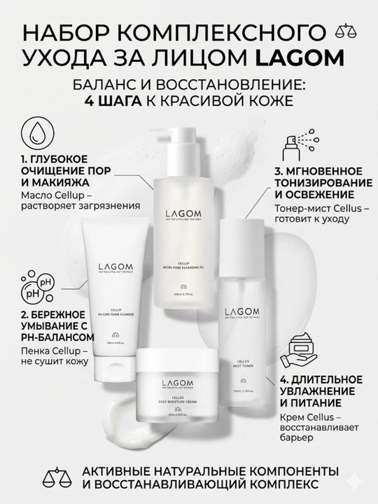 Наборы уходовой косметики Lagoм для очищения, увлажнения кожи лица для жирной и сухой кожи - 