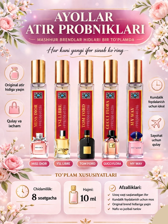 Atir, Ayollar atiri Gucci Flora, Miss Dior, My Way, Libre, Tom Ford - 