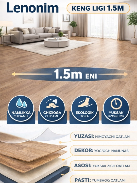 Lenonim pol qoplamasi 1.5m Yog‘och dizayn Namlikka chidamli