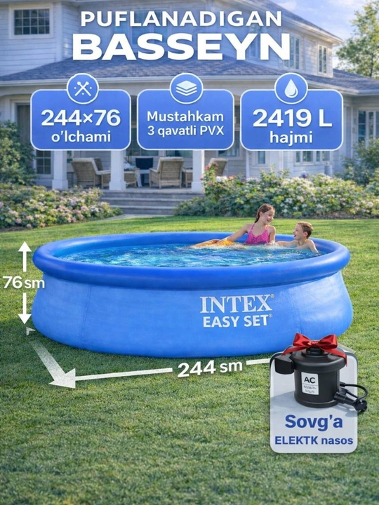 Puflanadigan basseyn Intex Easy set 244x76 o'lchamli, 2419 litr hajmli, puflanadigan hovuz - 