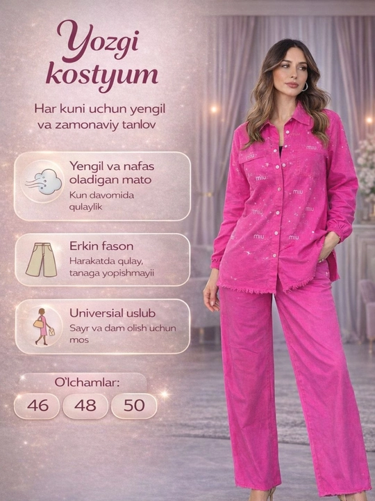 Ayollar yozgi kostyumi MIU keng fason ko‘ylak + shim komplekt
