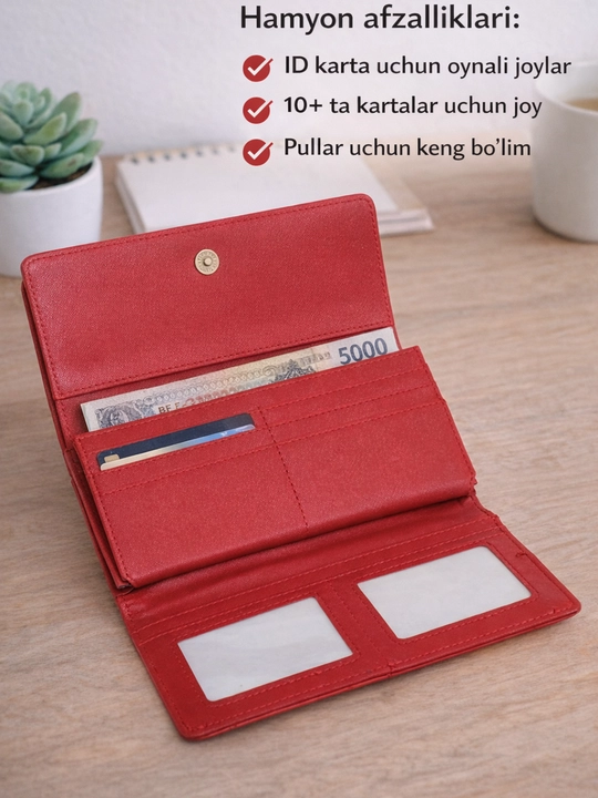 Ayollar hamyoni(kashelok) eko charm, kartalar bo‘limi, pul uchun keng bo‘lim, magnitli