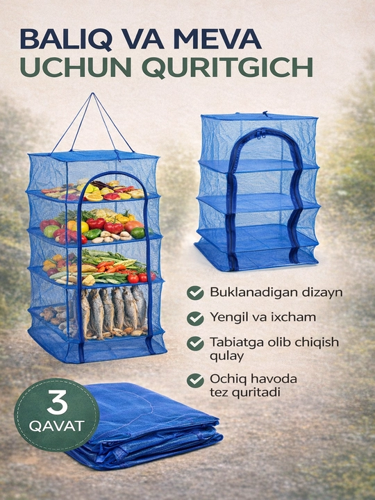Osma to'rli quritgich, 3-darajali, yig'ma, baliq, sabzavotlar, mevalar uchun