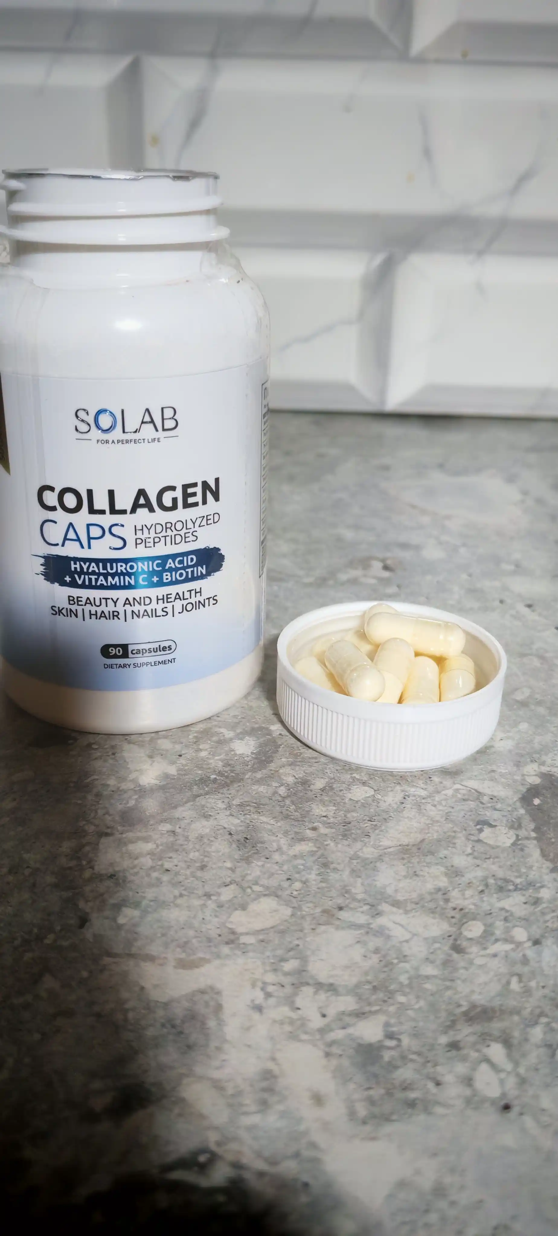 Kollagen kapsulada, SOLAB, C vitamini + Gialuron kislotasi + Biotin bilan, 90 kapsula