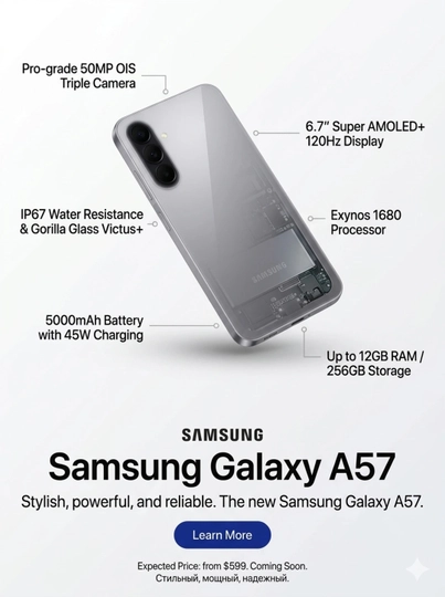 Samsung Galaxy A57 5G 8/128 gb 50MP, AMOLED, 120Hz, 1 год гарантии