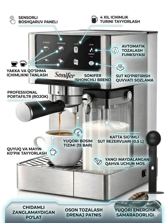 Sonifer SF-3587 qahva mashinasi - professional, 20 bar, kapuchinatorli