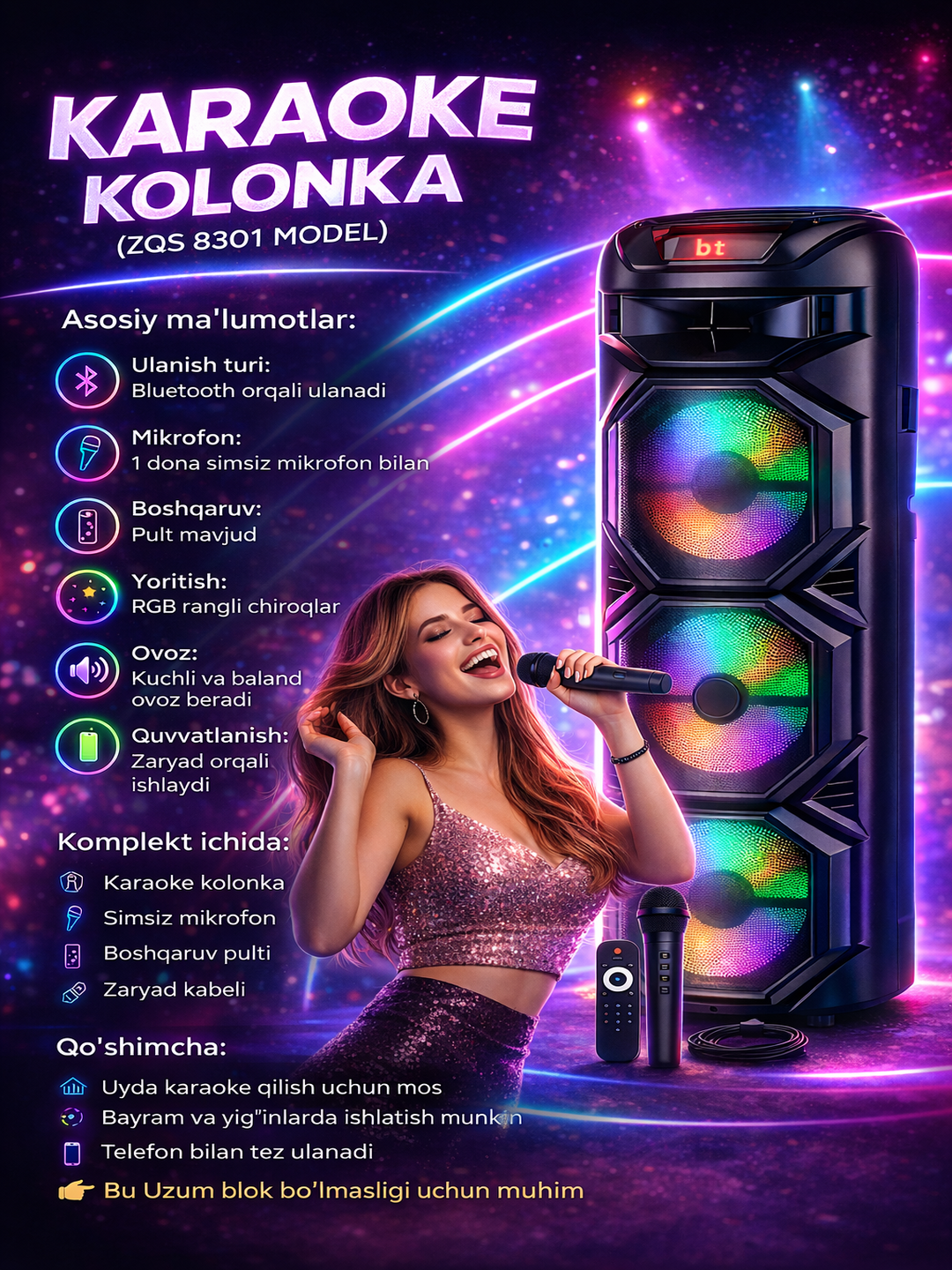 Bluetooth ZQS 8301- 8308-katta musiqa karnayi, simsiz mikrofon